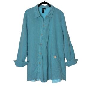 Focus casual life Relaxed Button-Front Tunic Shirt Teal Blue woman's size large